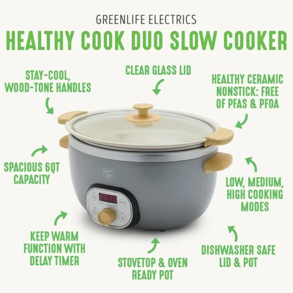 6 QT Ceramic Non Stick Slow Cooker, PFAS-Free Programmable Removable Pot for Family Meals, Sear on Stovetop Keep Warm, Digital - Image 3