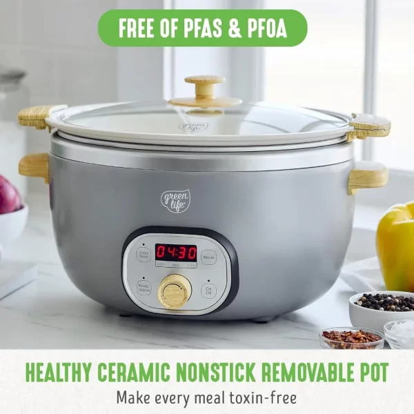 6 QT Ceramic Non Stick Slow Cooker, PFAS-Free Programmable Removable Pot for Family Meals, Sear on Stovetop Keep Warm, Digital - Image 2