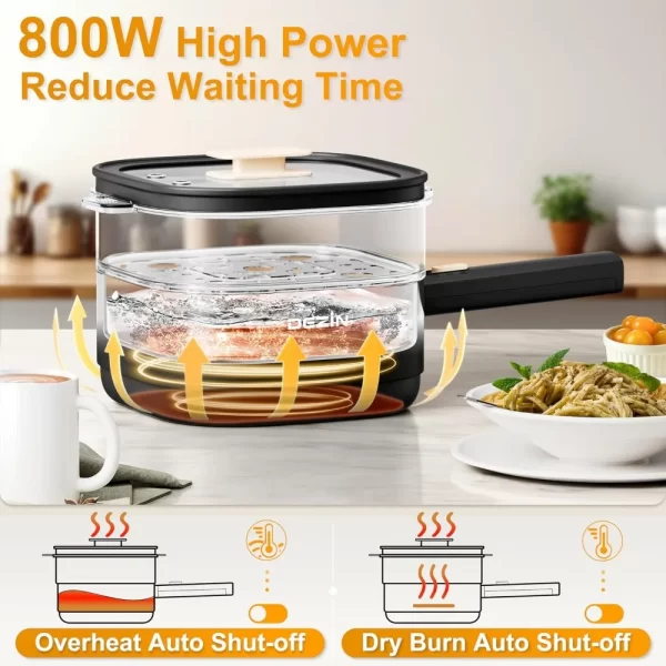 2L Electric Hot Pot with Steamer, Rapid 800W Non-Stick Ceramic Coating Dorm Cooking Pot, Plug in Electric Pan Cooker - Image 4