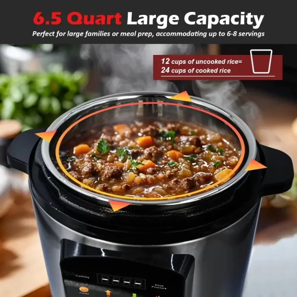 6.5 Quart Electric Pressure Cooker, 8-in-1 Multi Cooker Rice Cooker Slow Cooker Sauté Steamer, Stainless Steel - Image 3